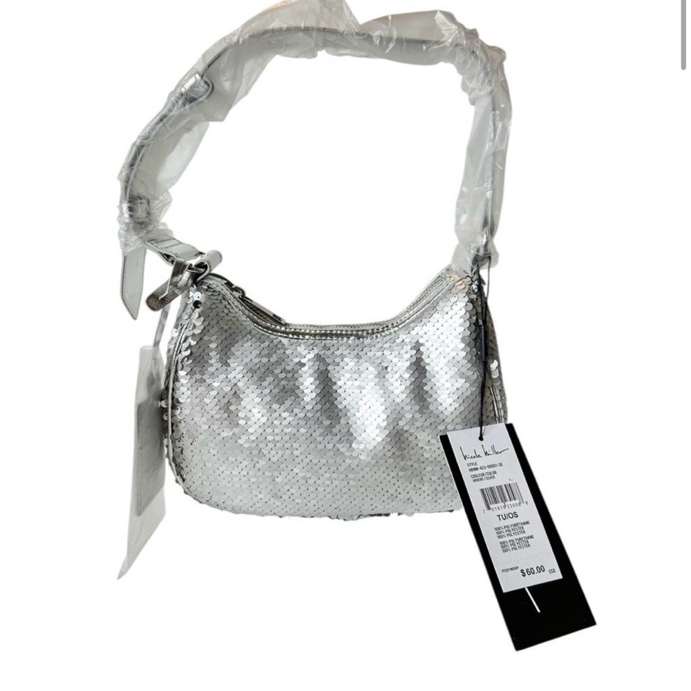 NWT Nicole Miller Silver Sequin Shoulder Bag Adjustable Thick Strap MSRP $60